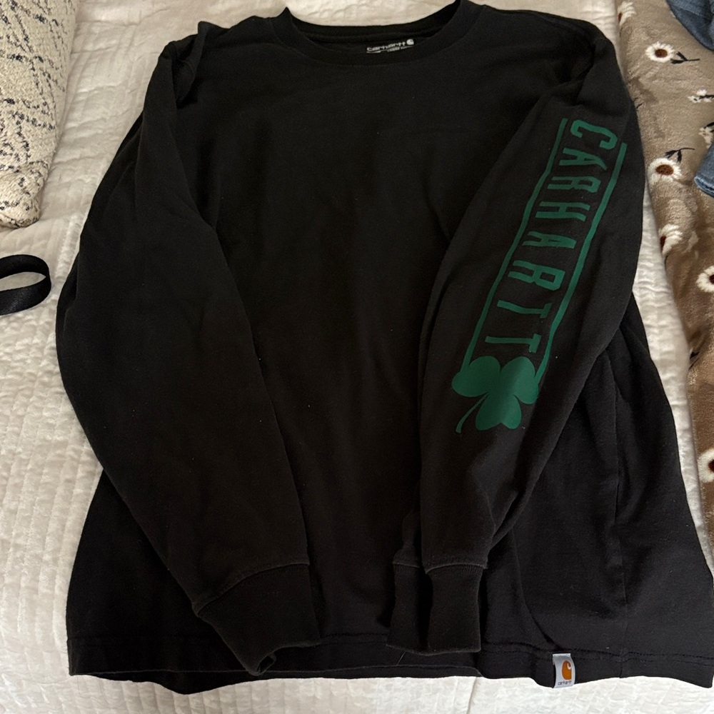 Carhartt Men's Black Long Sleece with Green St Patrick’s Sleeve Logo